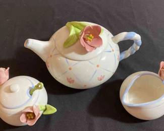 Teapot Sugar Bowl And Creamer Dish With Flowers 