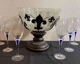 Six Wine Glasses With Sapphire Blue Stems Large Bowl On Stand With Metal Saint Markings