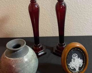 Red Candle Holders, Framed Crochet Flowers, Raku Pottery 