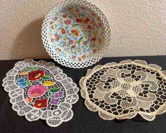 German Floral Bowl And 2 Crocheted Doilies 