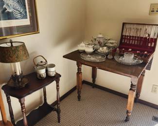 Old drop leaf table, tea set