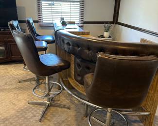1970's bar with 4 stools Leather, wood and chrome 