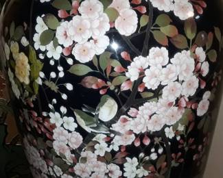Detail from Meiji-era monumental cloisonné urn in the first photo. Note the delightful birds among the branches! Contact us for a pre-sale viewing. $1000 each for the urn and screen. $1800 together.