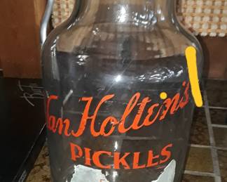 Van Holten's 1910s-1920s huge pickle jar stands 17 inches tall. The company is still making pickles near Milwaukee. $55