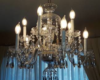 Classic Czech crystal chandelier with 10 arms, purchased from Creative Lighting in 1980. About 27" tall and wide. Contact us for a pre-sale viewing. $400