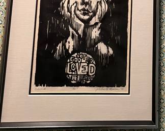 "For God so Loved the World" signed, numbered woodcut print by Minnesota artist JoEllen Macon, midcentury art, circa 1975.