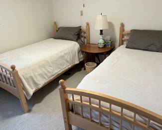 Epoch Designs McKenzie natural beech bunk/twin bed set, with mattresses and memory foam toppers. Only for guests, so just a few months' use over the years. This bunk bed currently sells for $1200 at Costco without the mattresses and toppers. $400