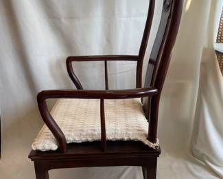 Henredon vintage Ming-style dining arm chair with custom cushion, part of the 9-piece Henredon dining set shown in photo 4. Contact us for a private showing before the Friday estate sale.