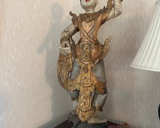 Large (42") Indonesian carved, gilt polychrome dancer. Part of carved costume on table awaits reattachment. A fabulous decoration for Asian art lovers. $240