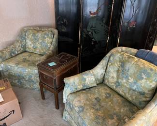 Pair of Henredon club chairs match 108" sofa and 70" loveseat. Buy one to four pieces of this rare matching suite. This mid-century furniture has its original, exquisite upholstery and down-filled cushions. Although well-loved and used, the furniture is still beautiful, comfortable, and offers years more of lounging comfort. No stains or tears. The hardwood frames are incredibly well-made, so the furniture is worthy of reupholstering when desired. $500/set of four pieces:
Pair of club chairs on casters: 28"W x 31"D x 30"H
Tuxedo-style sofa: 108"L x 34"D x 27"H
Tuxedo-style loveseat: 70"L x 34"D x 27"H $500 for four-piece set. Let us know if you want a fewer than all four pieces.