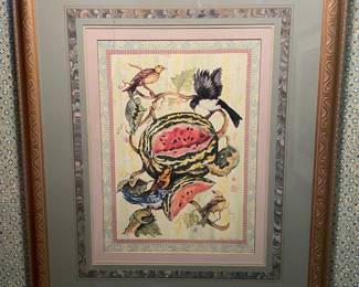Large, statement watermelon and birds print, exceptionally well-done triple matte, gilt frame. 37"H x 31"W
