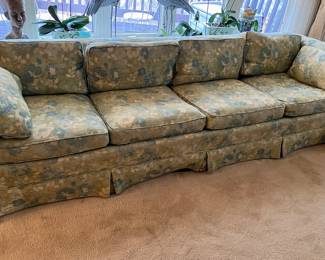 108" Henredon vintage sofa matches 70" loveseat and pair of club chairs. Buy one to four pieces of this rare matching suite. This mid-century furniture has its original, exquisite upholstery and down-filled cushions. Although well-loved and used, the furniture is still beautiful, comfortable, and offers years more of lounging comfort. No stains or tears. The hardwood frames are incredibly well-made, so the furniture is worthy of reupholstering when desired. Contact us for a private showing before the estate sale. $500/set of four pieces:
Tuxedo-style sofa: 108"L x 34"D x 27"H
Tuxedo-style loveseat: 70"L x 34"D x 27"H
Pair of club chairs on casters: 28"W x 31"D x 30"H $500 for four-piece set. Let us know if you want a fewer than all four pieces.