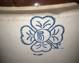 Antique Oversized Crockware Jug W/ Painted Blue 5 Clover