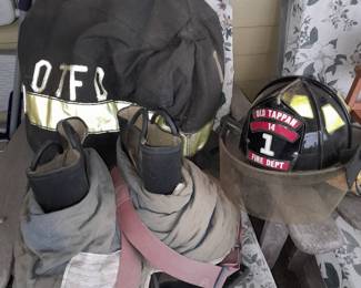 Complete Old Tappan Fire Uniform W/ Jacket, Pants, Boot, Helmet, & Helmet Badge