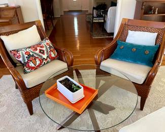 Pair of Rattan Chairs $900 Perfect Condition.  Mid Century Style Glass Round Top Coffee Table $350