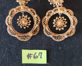 #67 vintage gold lace filigree signed Topazio dangle earrings, purchased in Portugal in early 1960's