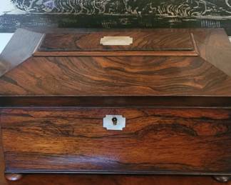 antique burled rosewood tea caddy from England with Mother-of-Pearl inset