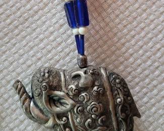 #25 Chinese porcelain beads & glass beads w/silver colored elephant 14 1/2" necklace, purchased in China in 1970's