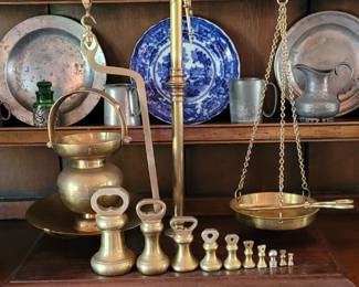 Welsh cupboard, antique scale with solid brass Weights, Copeland China