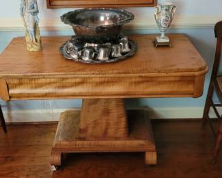 Antique rosewood game table, pair of cane seat chairs-four total, Towle punch bowl set
