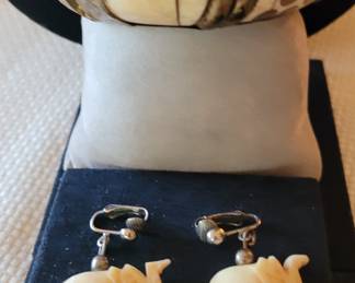 #61 hinged bracelet with bone and brass and #62 dangle earrings carved bone elephants