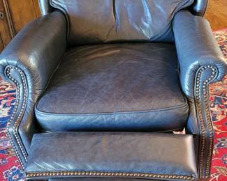 Vintage BarcaLounger navy blue leather recliner with brass nailhead detail