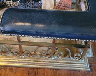 antique English brass fireplace fender with padded seats, see size details under Description