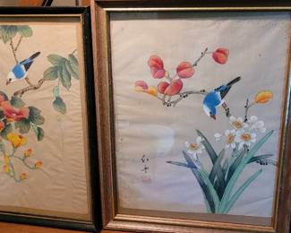 #30 & #31 Asian Art painting on silk, Bird on Branch