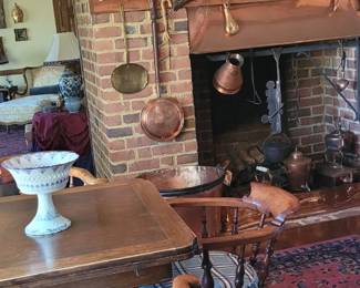 Eat-in Kitchen with exact replica of a fireplace at Historic Deerfield Museum in Massachusetts, antique copper and pewter