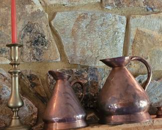 Vintage copper pots, brass candlesticks 