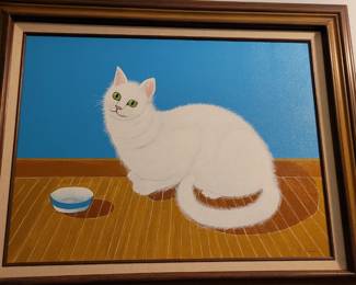 #157 Primitive Portrait of a White Cat, acrylic, painted by the homeowner, member of the Poquoson Art League