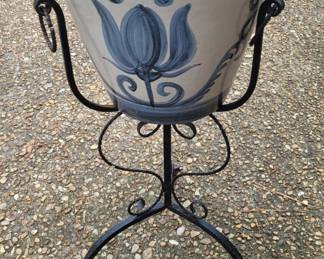 Louisville Stoneware Company planter and wrought iron stand