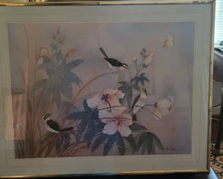 #106 vintage Oriental three birds and flowers, signed, 22"x28", Master Bathroom