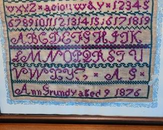 #26 Needlepoint Sampler Alphabet & Numbers, signed Ann Grundy aged 9 1876