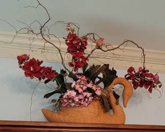 Cherry glass-front cupboard, lovely large terra-cotta swan with floral arrangement
