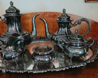 Coffee Pot, Tea Pot, Covered Sugar, Creamer, Cache Pot all Alt-Heidelberg .925 Sterling Silver handanbeit made in Germany, with Silver-plate footed tray