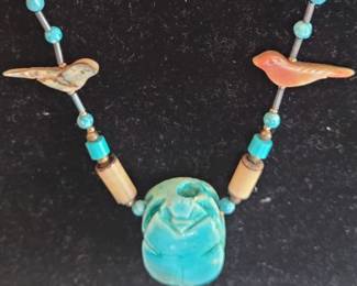 #3 blue turquoise scarab bead necklace w/silver beads & Southwestern style Mother-of-Pearl fetishes, custom made