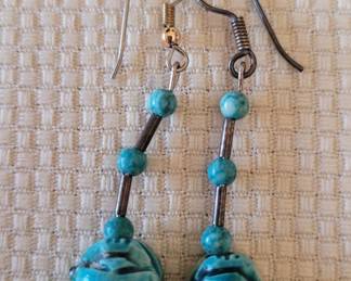 #29 scarab bead drop earrings 2 1/2", purchased in Egypt in 1970's with necklaces
