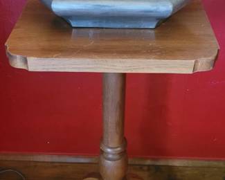 small tripod table, old pewter covered dish