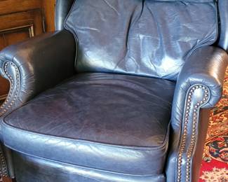 Vintage BarcaLounger navy blue leather recliner with brass nailhead detail