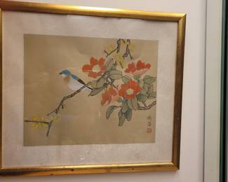 #102 vintage Oriental bluebird on B
branch, 15"x17", Bathroom