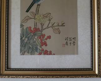 #104 vintage Oriental blue bird with berries, signed, 11 1/2"x9 1/2" Master Bathroom