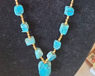 #1 blue turquoise scarab bead necklace 17" purchased in Egypt in the 1970's-early 1980's,
