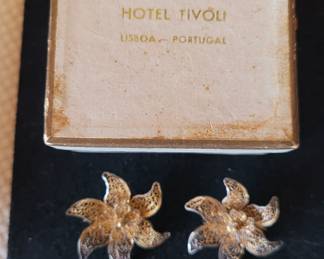 #68 vintage gold lace filigree pair of pins w/original box from Portugal purchased in early 1960's