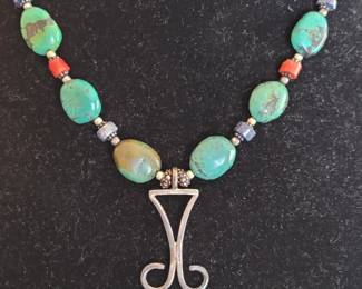 #6 turquoise and coral custom made necklace with silver pendant 10 1/2"