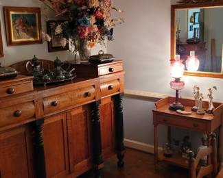 Formal Dining Room with American curly maple Empire style sideboard and curly maple washstand table and curly maple hanging mirror