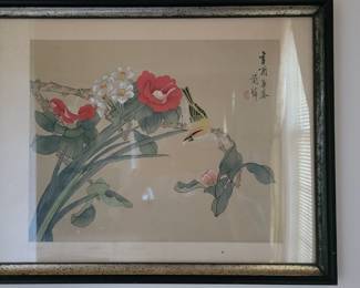 #103 vintage Oriental yellow bird on branch, signed, 20"x15", Master Bathroom