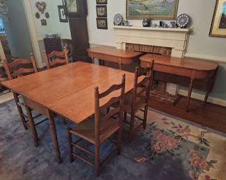 early 19th Century American maple dining table converted to smaller dining table 54" x 50" and two demi-lune ends which can be used as side tables or together as one table, chairs sold separately