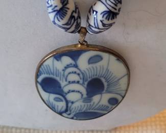 #26 blue and white porcelain Chinese beads with pottery pendant 18" necklace purchased in China in the 1970's, coordinating earrings separate