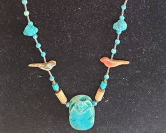 #3 blue turquoise scarab bead necklace w/silver beads & Southwestern style Mother-of-Pearl fetishes, custom made